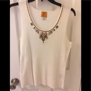 Ruby Rd. Sleeveless, beaded tank, white, Sz PL